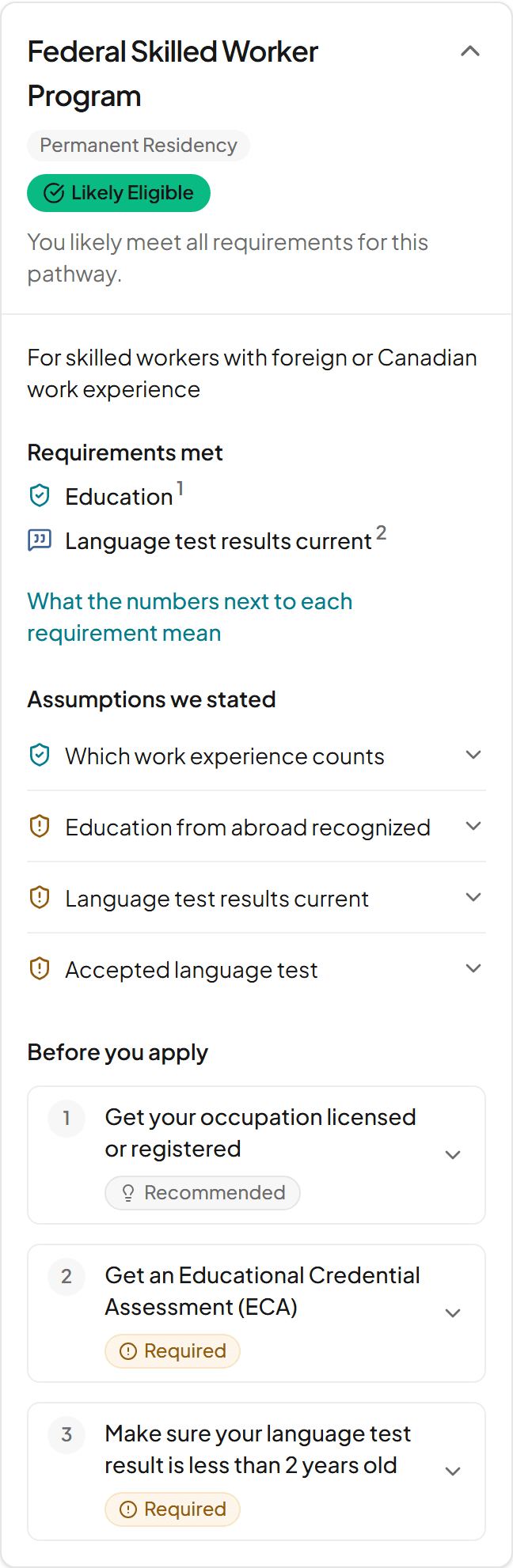 A pathway from the example report, listing each requirement with whether it is met, still to confirm or not met
