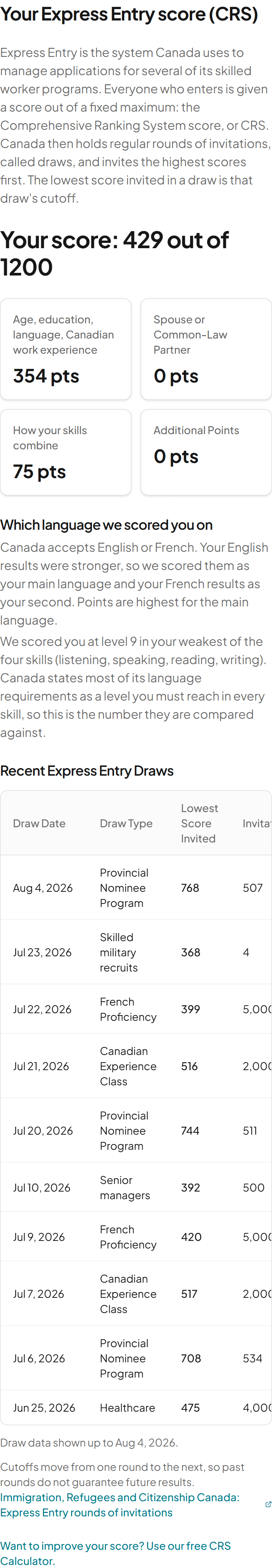 A points breakdown from the example report, showing how the score adds up